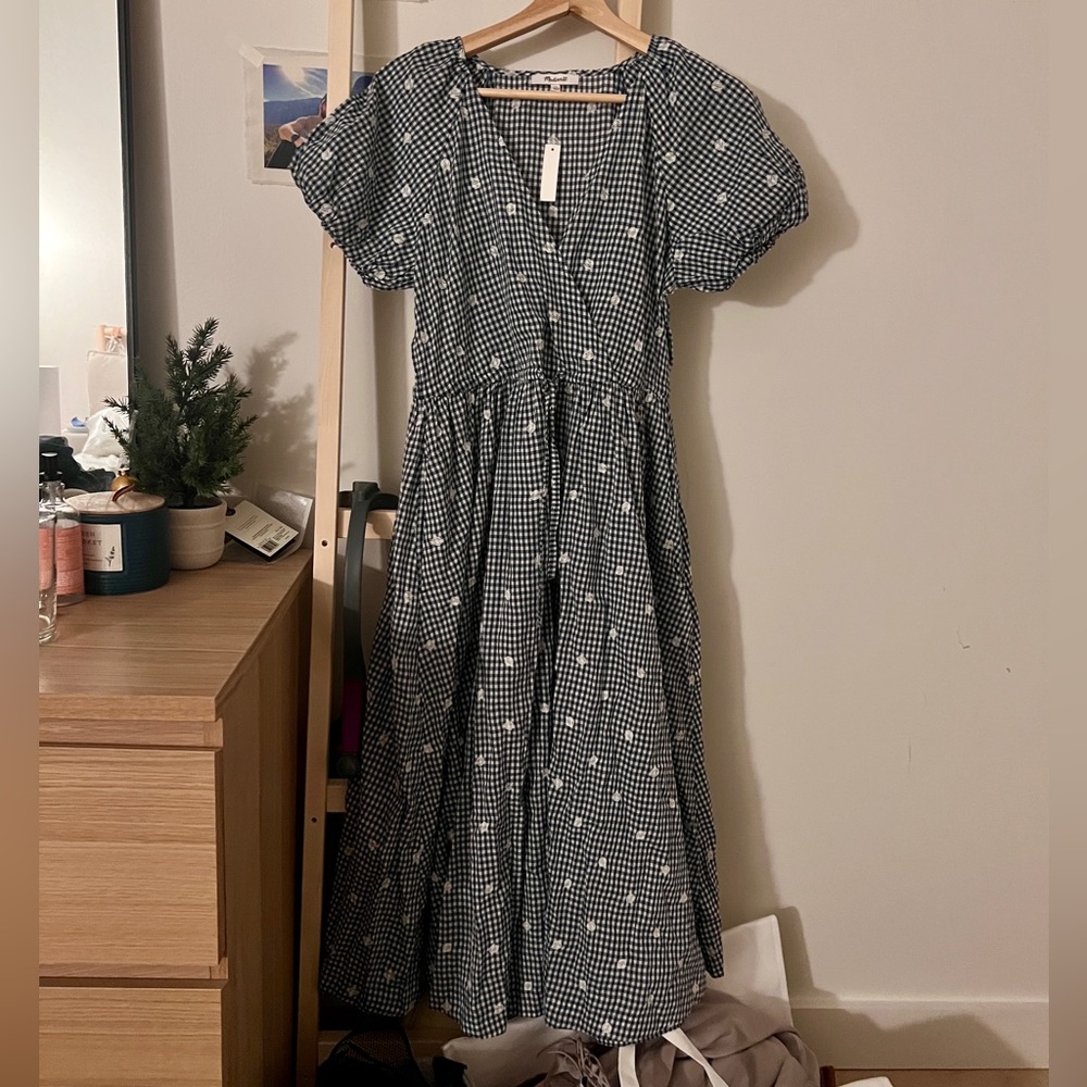 Madewell Embroidered Gingham Faux-Wrap Tie-Waist Midi Dress NWT